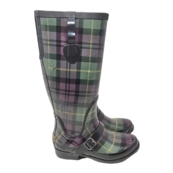 L.L. Bean | Womens Wellies Rain Boots Plaid Purple Green - Picture 6 of 14